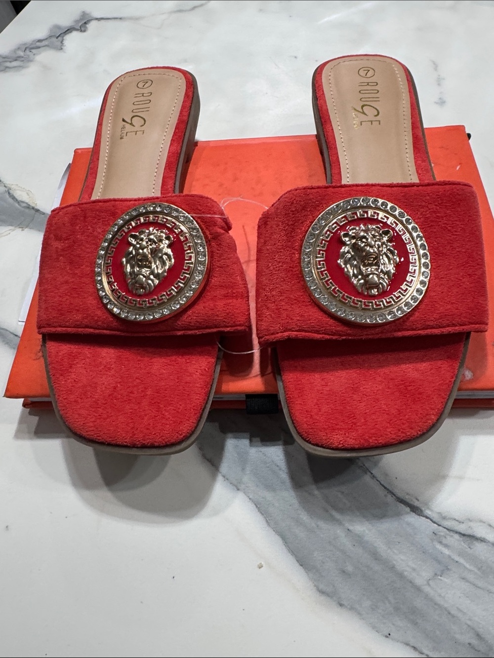 Rouge Brand Red Suede Lion-Emblem Slide Sandals